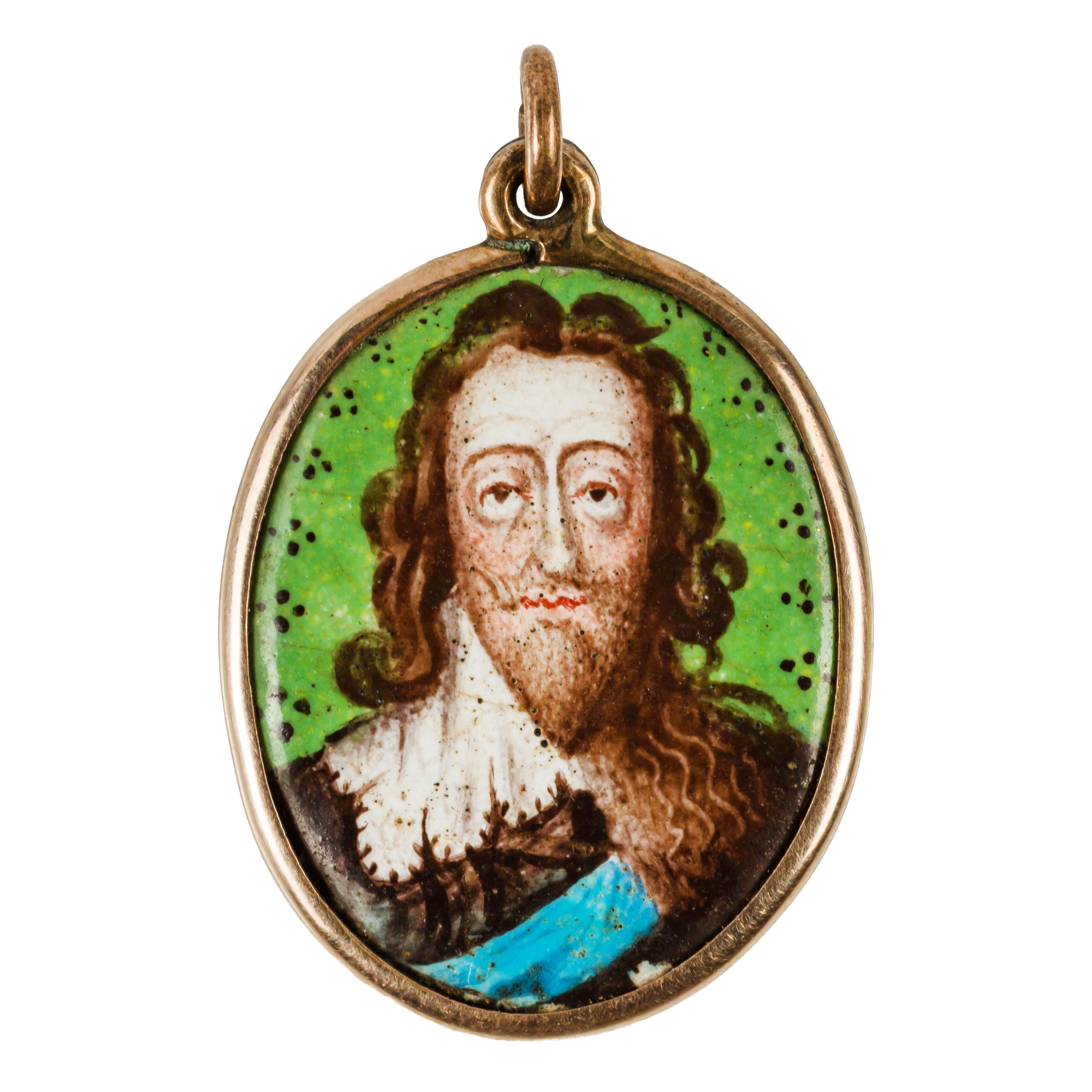 Portrait enamel of of King Charles I (1600-1649), the double-sided enamelled copper plaque, depicting a portrait of King Charles I to one side, counter-enamel with royal cipher 'CR' surmounted with a crown and enclosed by martyr's palms